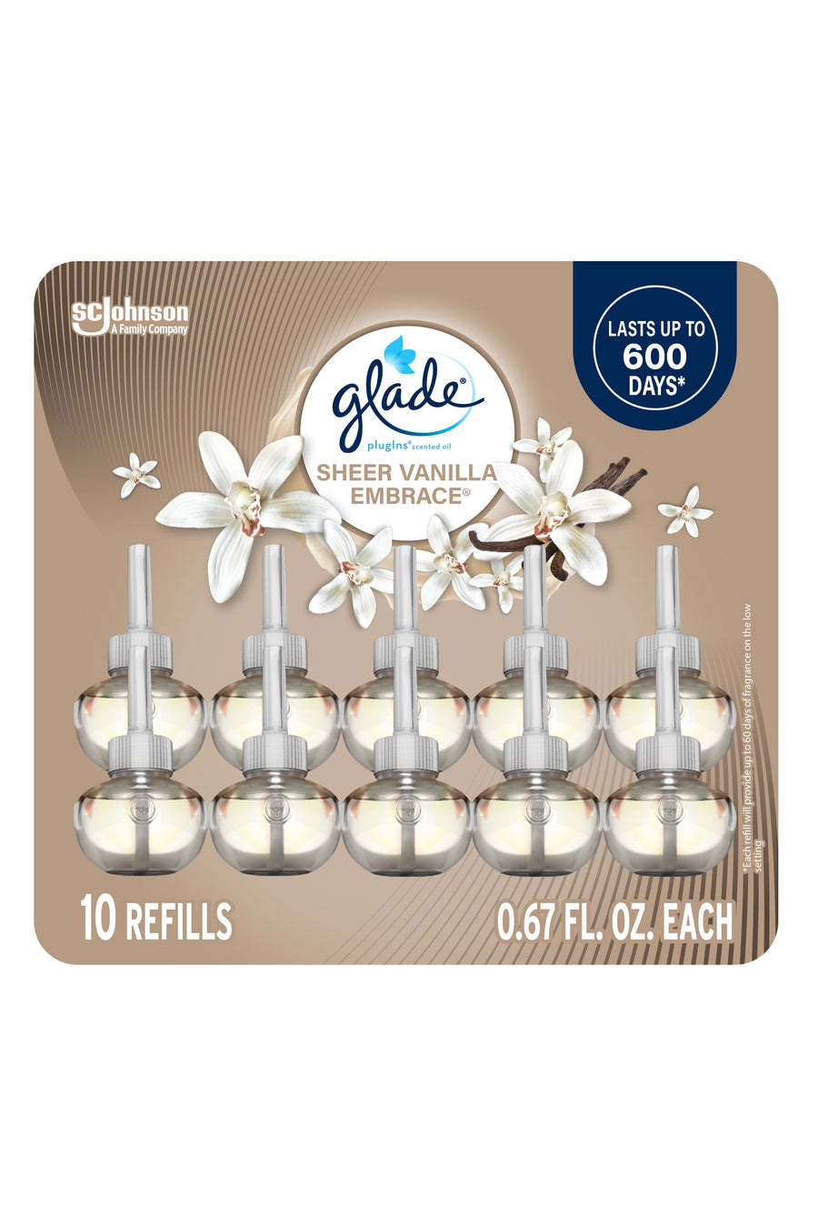 Glade plugIns Sheer Vanilla Embrace refill blister pack showing ten round oil refills and floral vanilla artwork