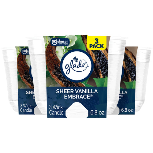 Three Glade Sheer Vanilla Embrace 3-wick candle packages shown side-by-side with brand label and vanilla imagery.