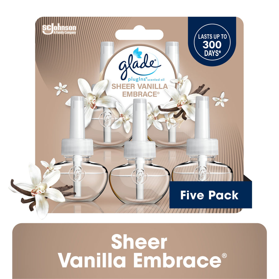 Glade PlugIns Sheer Vanilla Embrace refill five-pack blister card showing three clear refill bottles and vanilla flowers