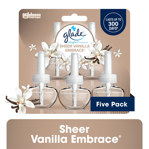 Glade PlugIns Sheer Vanilla Embrace refill five-pack blister card showing three clear refill bottles and vanilla flowers