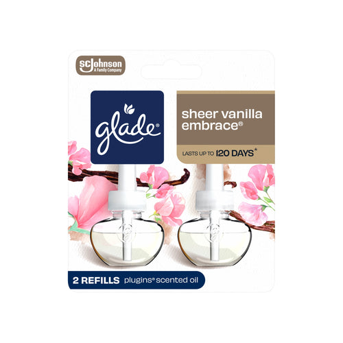 Glade sheer vanilla embrace two refill bottles in retail blister pack with floral artwork