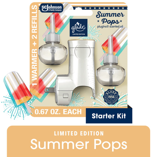 Glade Summer Pops PlugIns starter kit blister pack showing white warmer and two round refill bottles