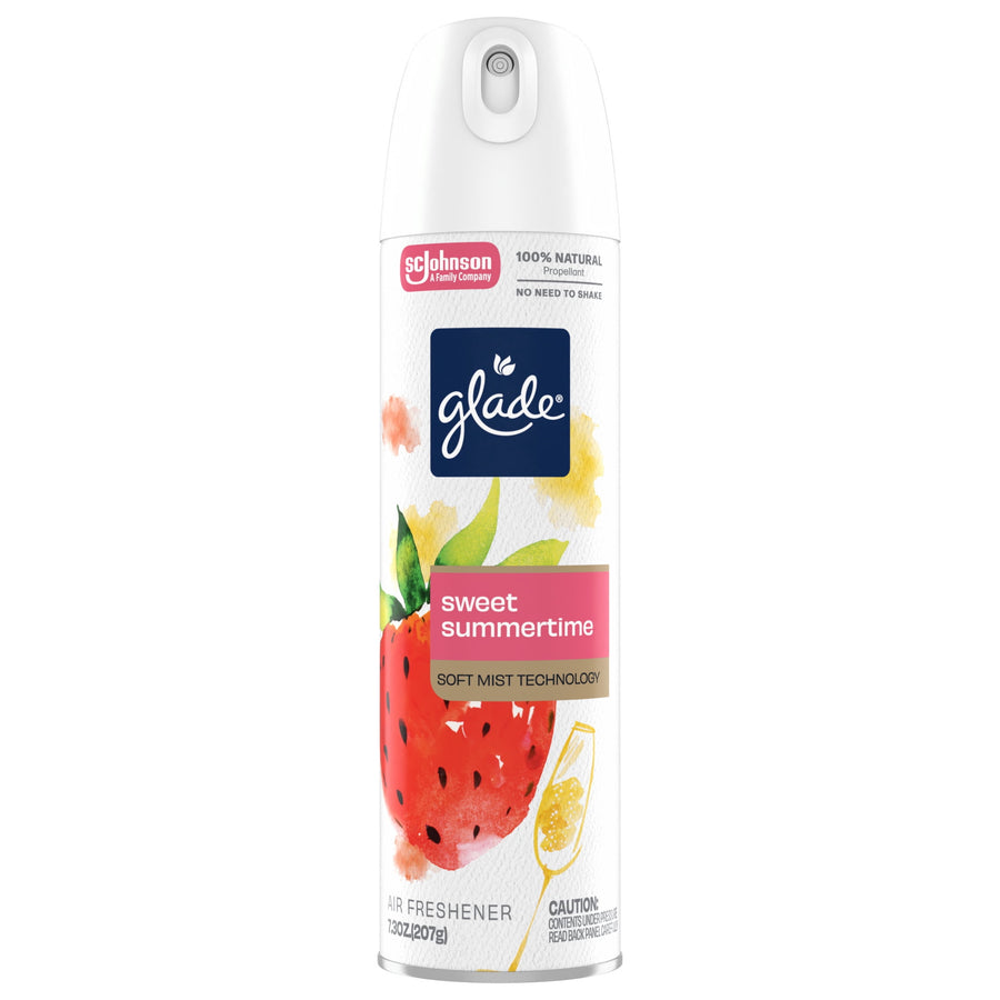 Front-on product shot of Glade Sweet Summertime aerosol can showing label, strawberry illustration and nozzle.