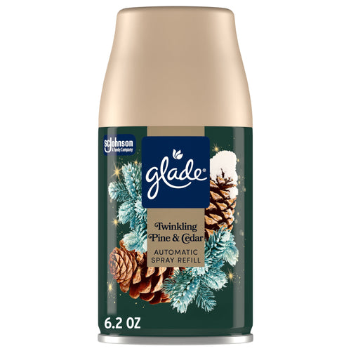 Glade Twinkling Pine & Cedar automatic spray refill can with pinecones and frosted fir artwork
