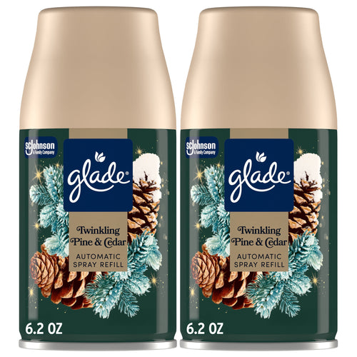 Two Glade Twinkling Pine & Cedar automatic spray refill cans with pinecone and frosted pine artwork