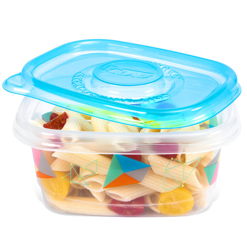 Transparent rectangular Gladware container with geometric print, blue lid and pasta inside