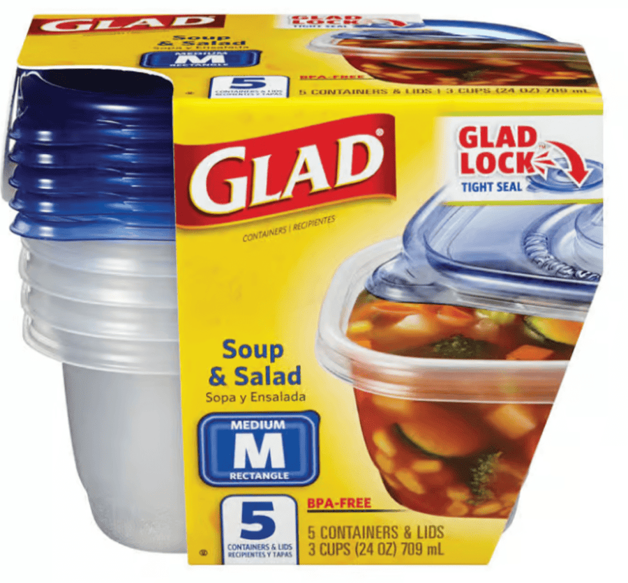 retail pack of glad medium rectangle soup and salad containers with blue lids, 24 oz each, package labeled 5 containers and lids
