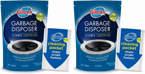 Two Glisten garbage disposer cleaner pouches with two individual cleaning packets shown on white background.