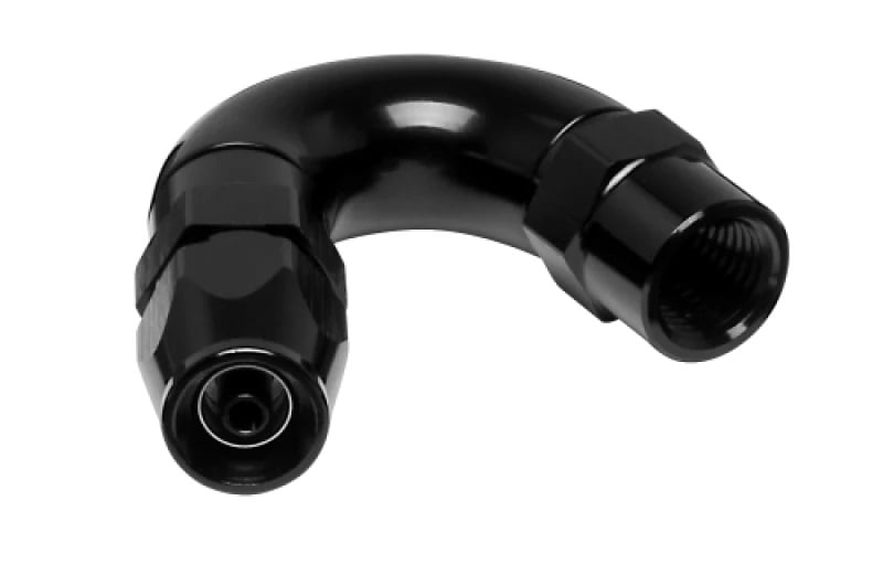 Glossy black 150-degree AN-style hose end fitting with female threaded swivel and crimp-style socket ends