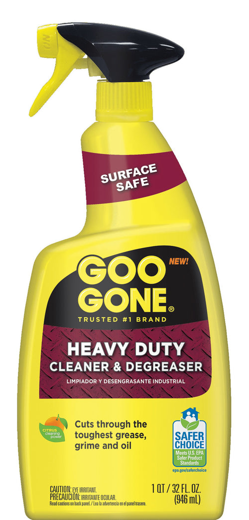 Yellow Goo Gone Heavy Duty Cleaner & Degreaser spray bottle front label showing product name and Safer Choice badge