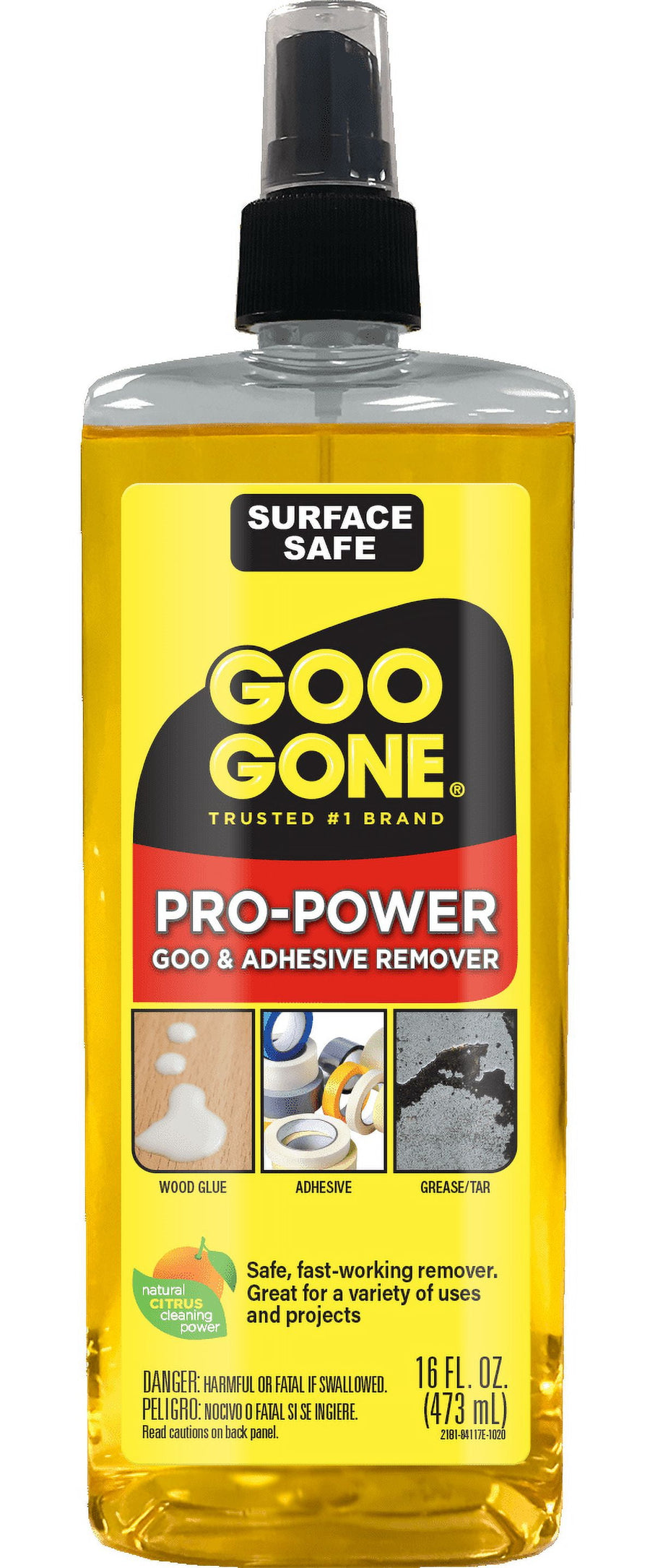 Close-up front label of a Goo Gone Pro-Power pump bottle showing yellow liquid and product branding