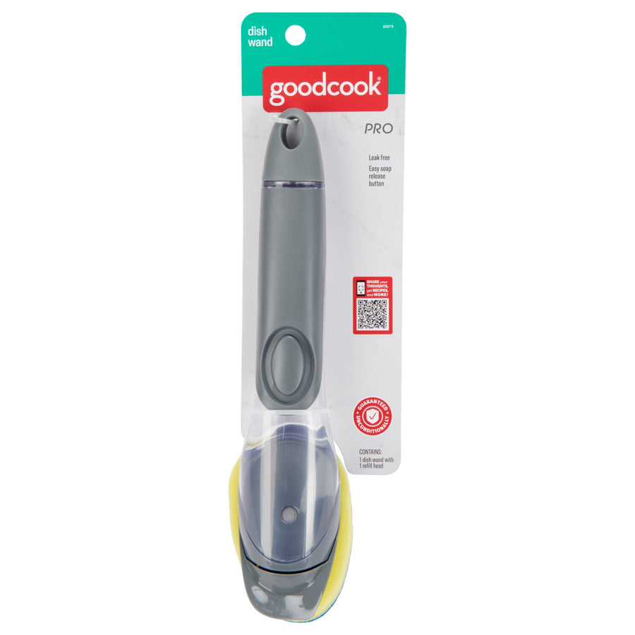 Goodcook Pro dish wand in retail blister card packaging, grey handle with yellow-blue sponge head visible