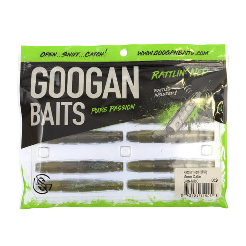 Clear retail pouch of Googan Baits Rattlin' Ned soft plastic lures in Moon Cake color with logo