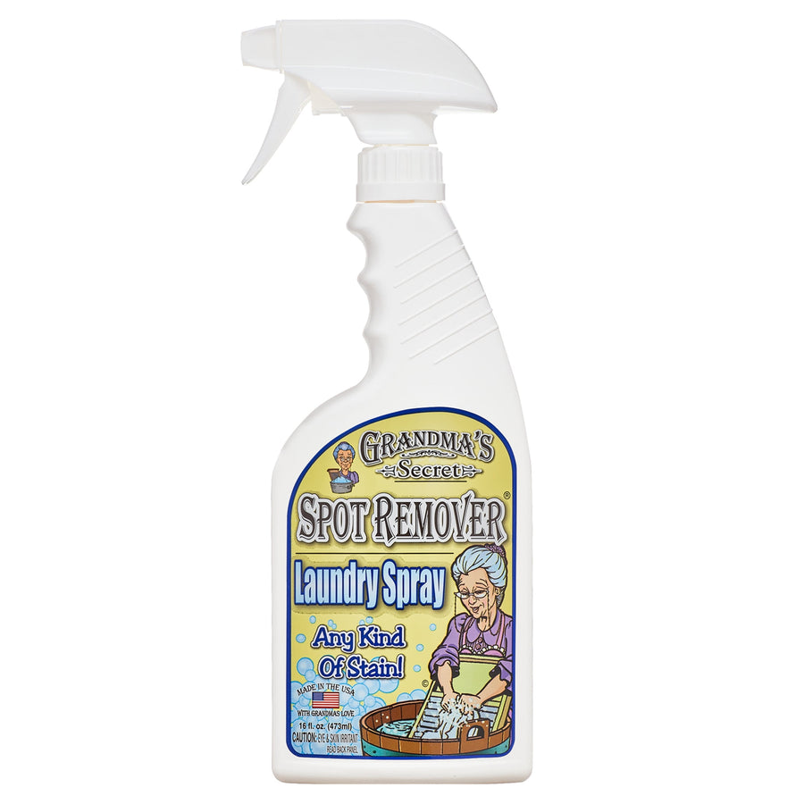 White spray bottle of Grandma's Secret Spot Remover laundry spray with illustrated label showing an elderly woman washing clothes.