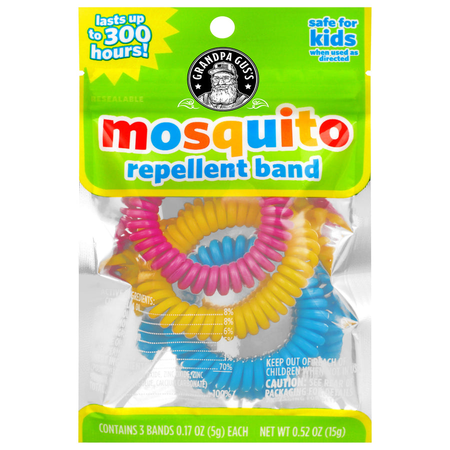 Grandpa Gus's clear resealable pouch showing three coiled colorful mosquito repellent bands