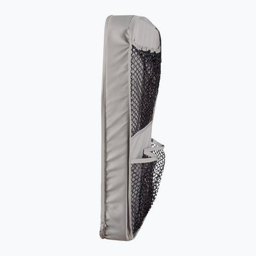 side view of a gray hanging organizer with black mesh pockets