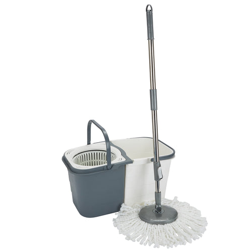 Gray and white two-compartment mop bucket with detachable self-wringing spinner and round white mop head