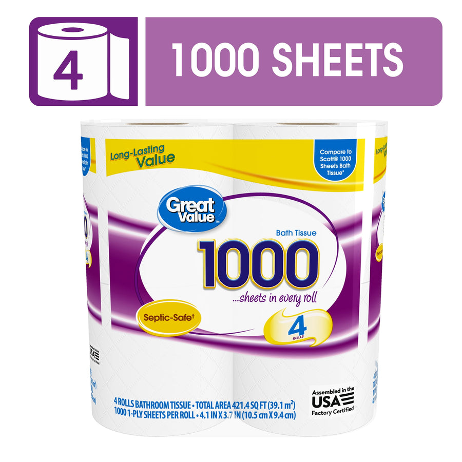 Packaged Great Value bath tissue showing purple and yellow 1000-sheets branding and four-roll label