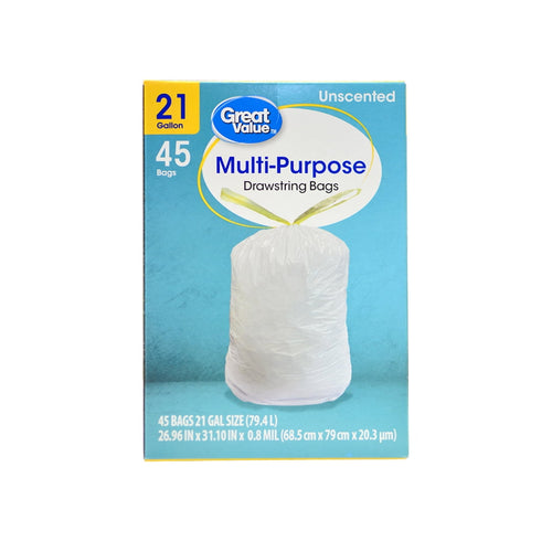 Front-facing Great Value Multi-Purpose 21-gallon drawstring trash bag box with product image on turquoise background