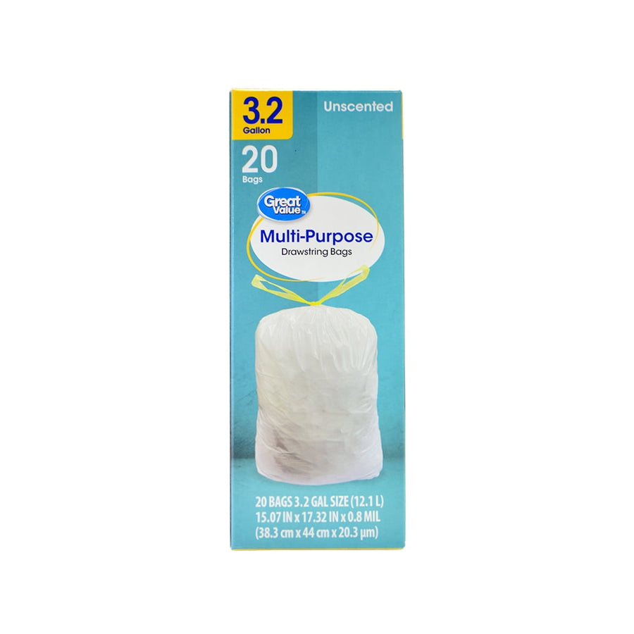 Single upright Great Value 3.2 gallon multi-purpose drawstring bag box with product image and branding on a white background