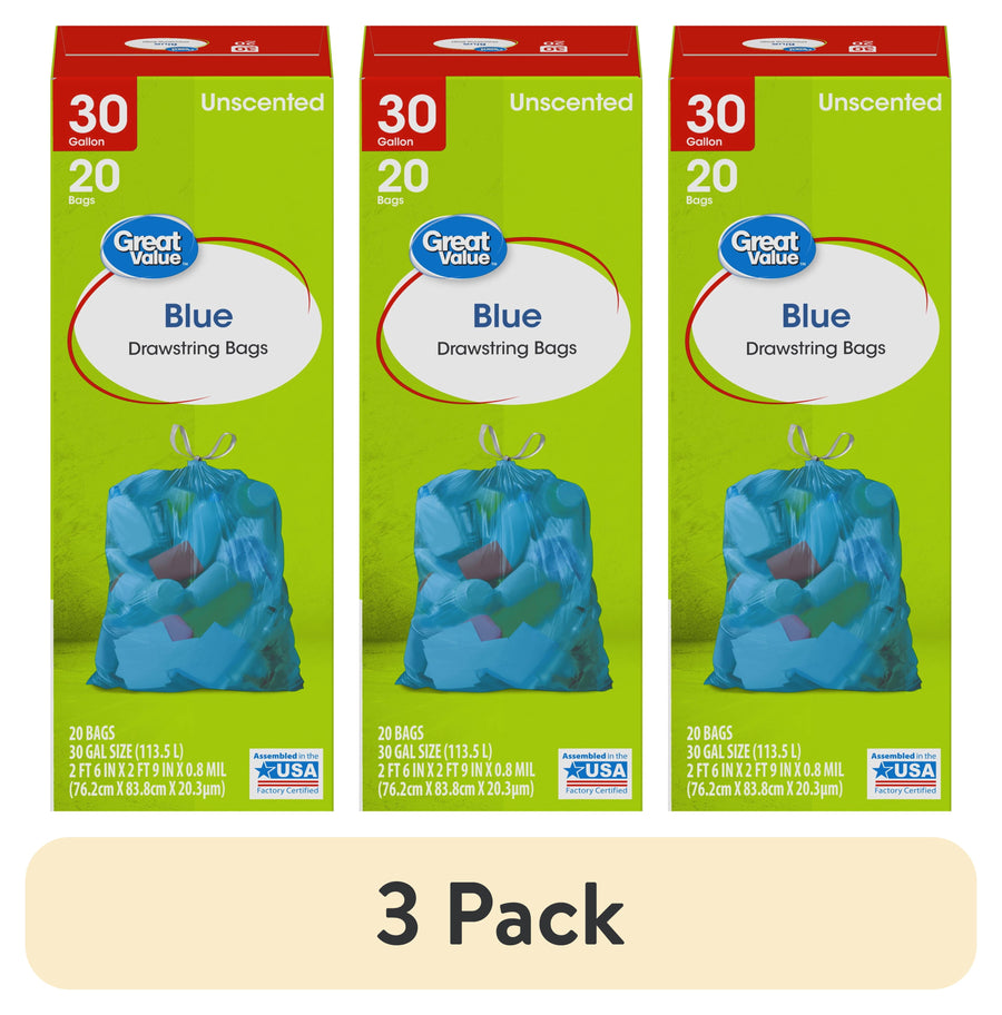 Three green Great Value boxes showing blue 30-gallon drawstring trash bags with product branding