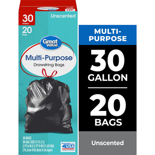 Great Value teal box of multi-purpose 30-gallon drawstring trash bags with a tied black bag image
