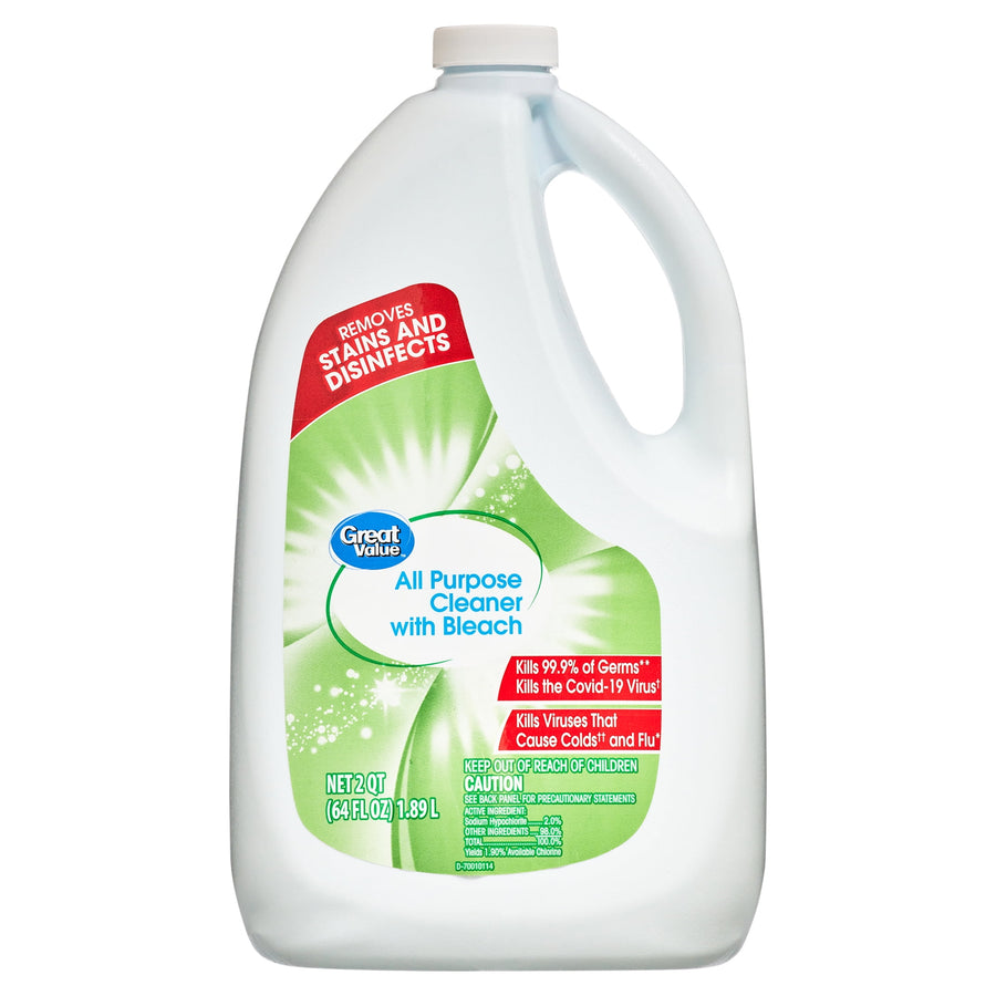 Great Value white plastic jug of All Purpose Cleaner with Bleach showing green label and red callout, front view