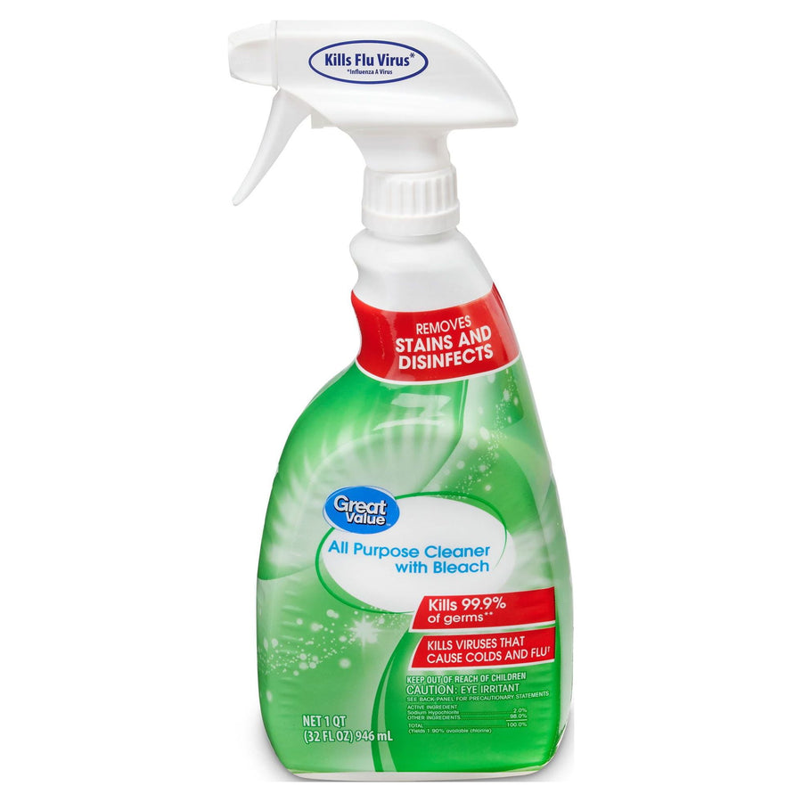 Spray bottle of Great Value all-purpose cleaner with bleach, green label and white trigger spray head