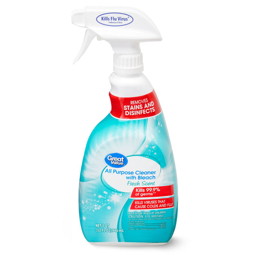 Spray bottle of Great Value All Purpose Cleaner with Bleach, teal label and white trigger spray top.