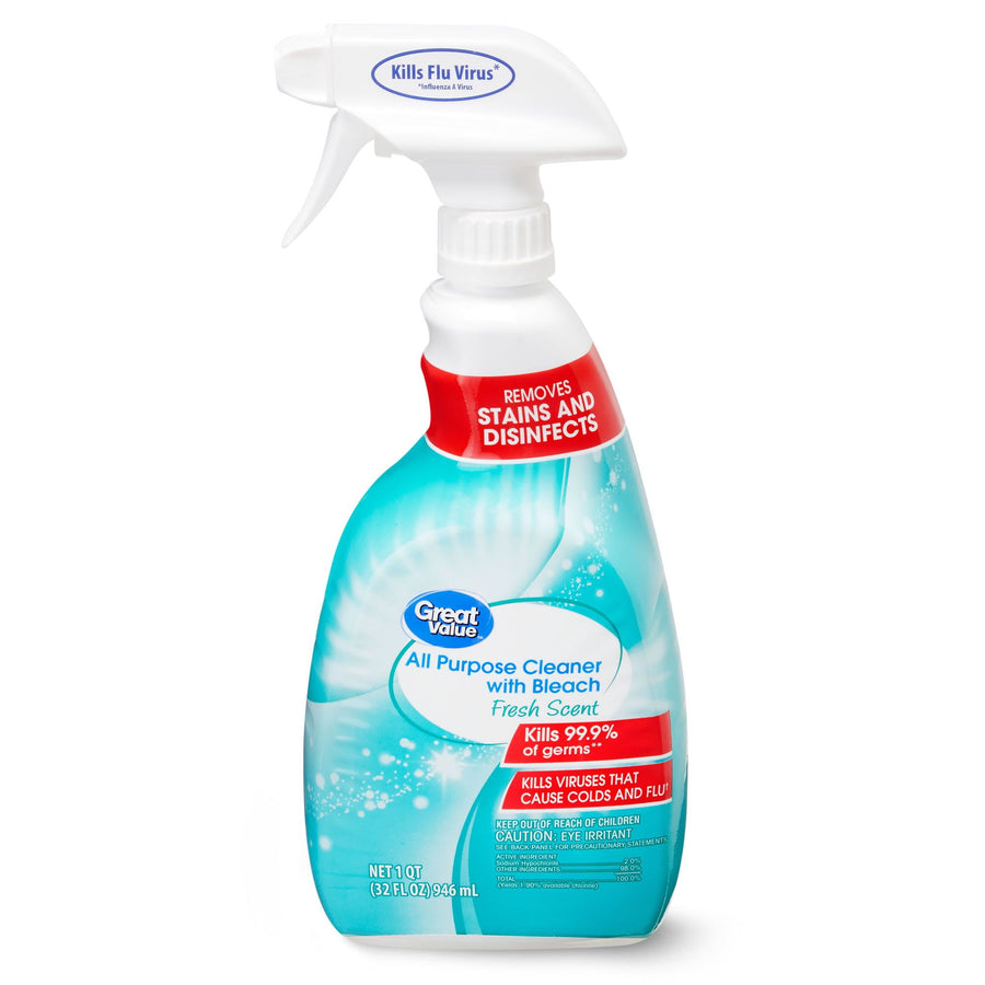Spray bottle of Great Value All Purpose Cleaner with Bleach, teal label and white trigger spray top.
