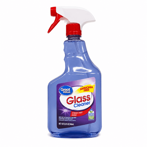 Great Value ammonia-free glass cleaner in a blue spray bottle with front label visible