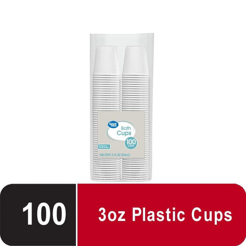 Clear plastic bag showing two stacks of white disposable bath cups with a Great Value label reading 100 cups.