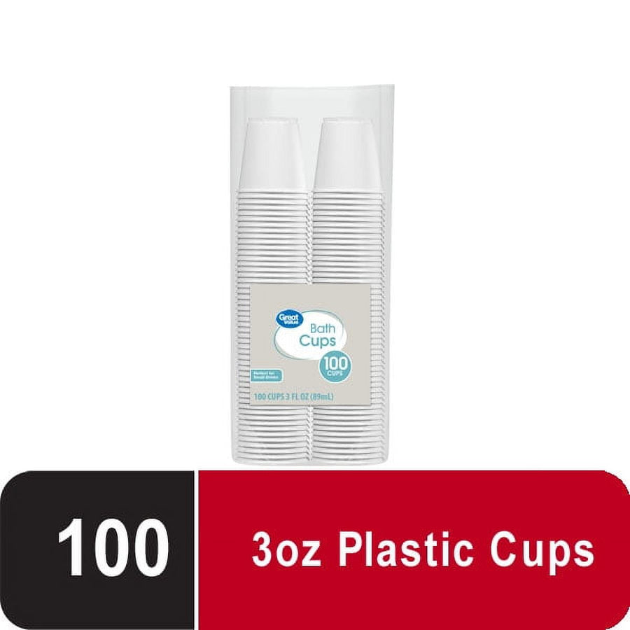 Clear plastic bag showing two stacks of white disposable bath cups with a Great Value label reading 100 cups.