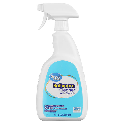 Front-facing Great Value Bathroom Cleaner with Bleach white spray bottle, blue label showing brand and product name