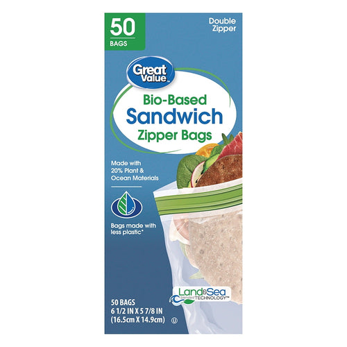 Single Great Value Bio-Based Sandwich Zipper Bags box showing front panel with product name and sandwich image