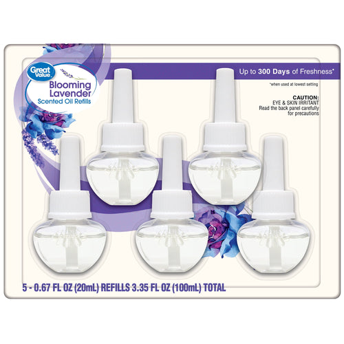 Plastic blister pack showing five clear Great Value Blooming Lavender scented oil refill bottles on a white and purple card.