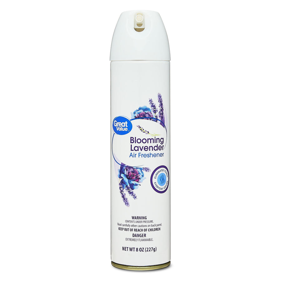 Tall white aerosol can of Great Value Blooming Lavender air freshener with lavender graphic and label.