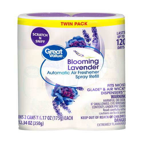Front view of Great Value Blooming Lavender automatic air freshener twin pack with floral graphics and purple caps.