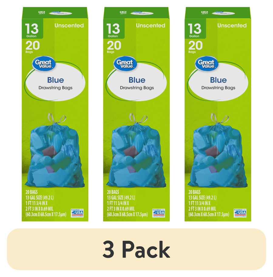 Three identical green Great Value boxes showing blue drawstring 13-gallon trash bag illustration