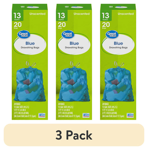 Three identical green Great Value boxes showing blue drawstring 13-gallon trash bag illustration