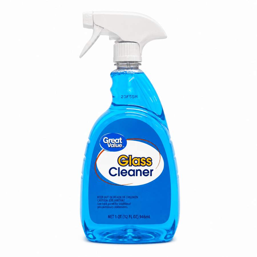 Front-facing Great Value glass cleaner spray bottle with blue liquid and white trigger on a white background.