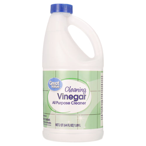 White plastic jug of Great Value Cleaning Vinegar with green label and blue cap on a white background.