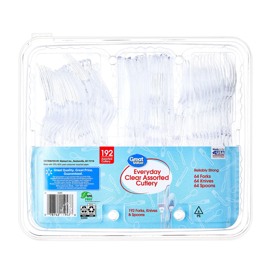 Clear plastic clamshell tray showing organized clear forks, knives and spoons with Great Value blue product label