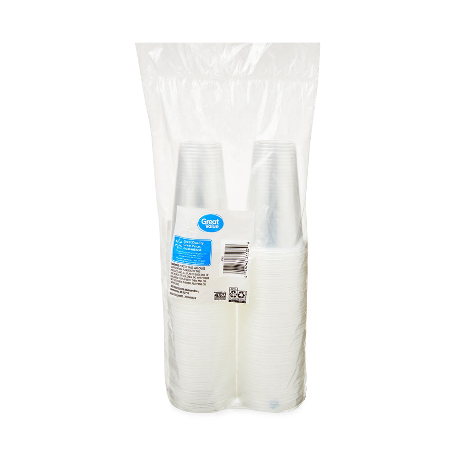 Back view of a clear plastic bag containing two stacks of clear disposable cups with a Great Value sticker