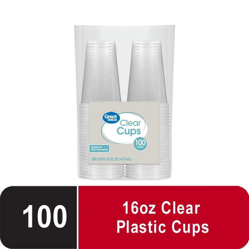 Stacked Great Value clear disposable plastic cups in labeled packaging showing brand and 100 count badge