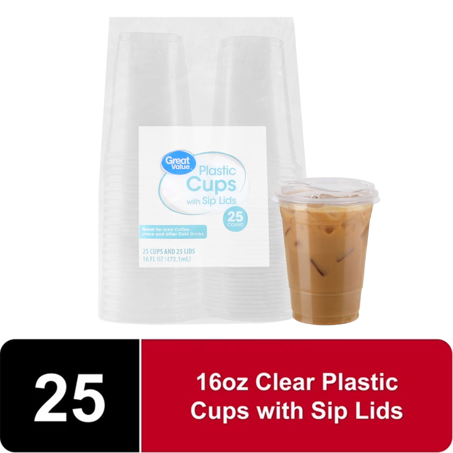 Clear stacked Great Value plastic cups in retail bag with label and one filled cup with lid placed beside them