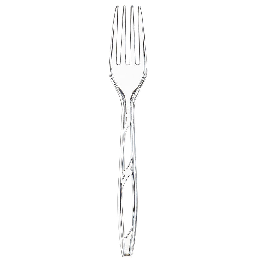Single clear plastic fork on a white background showing the full handle and four tines