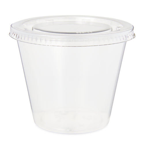 Single clear plastic snack cup with a fitted clear lid photographed on a white background.