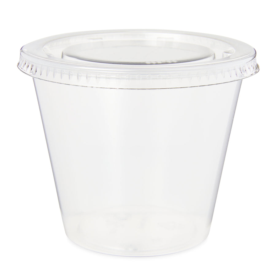 Single clear plastic snack cup with a fitted clear lid photographed on a white background.