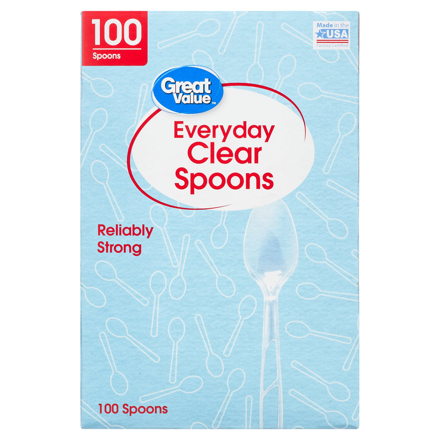 Close-up front view of Great Value Everyday Clear Spoons blue packaging showing logo and spoon artwork